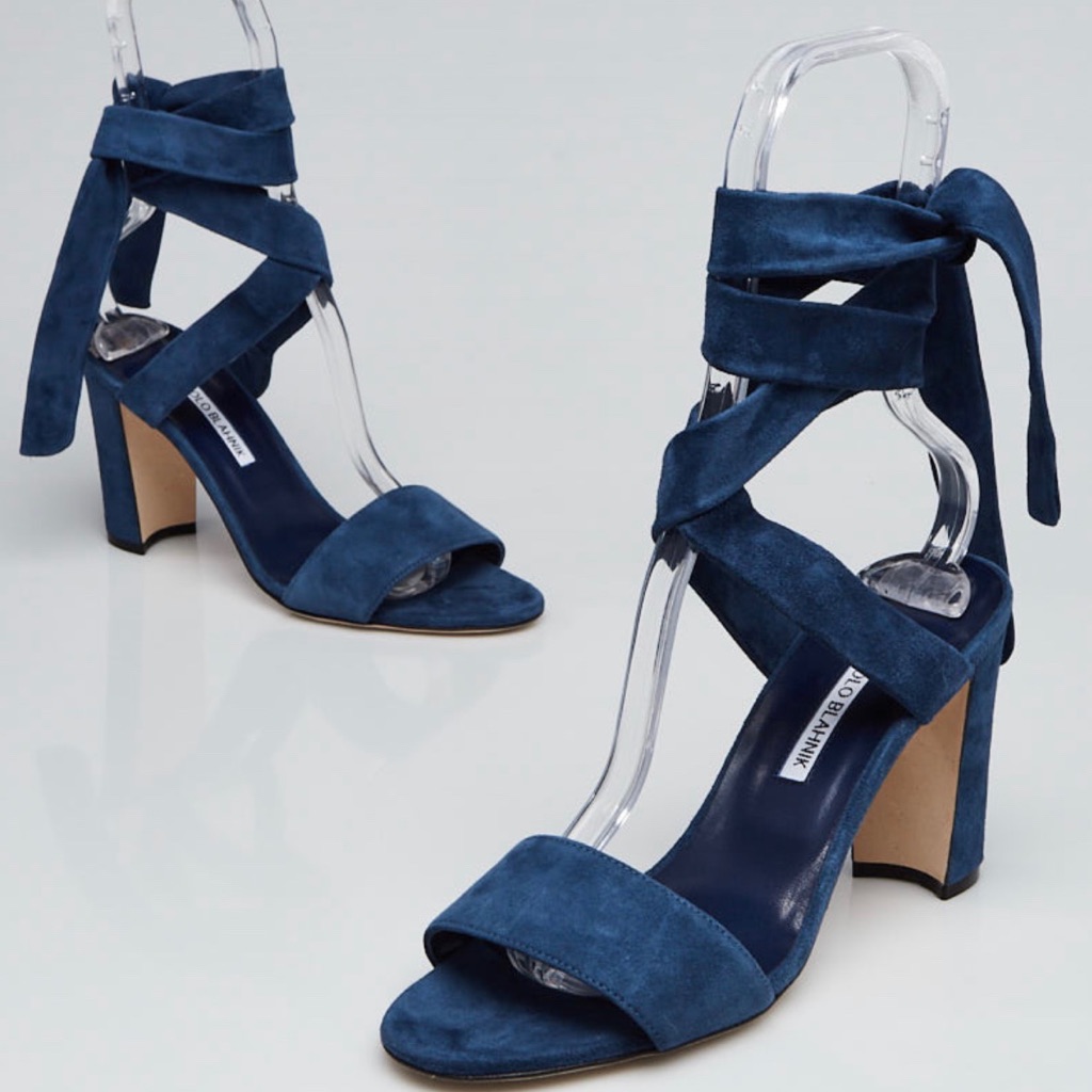 Blue Suede Tie Around Manolo Blahnik Sandals.